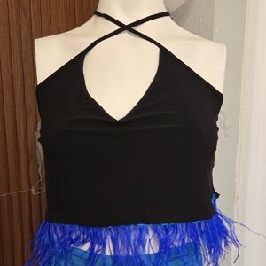 SWANK Black Top with Blue Feather Detail